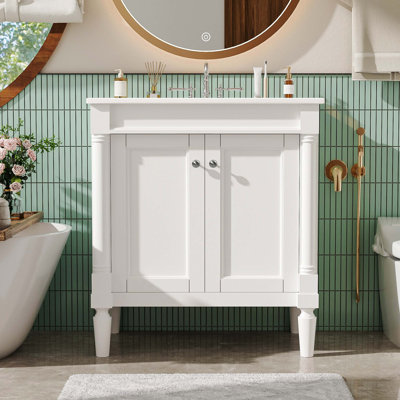 Meuble-lavabo de luxe 30 po avec lavabo en céramique, armoire de rangement avec portes à fermeture en douceur et pieds en bois massif