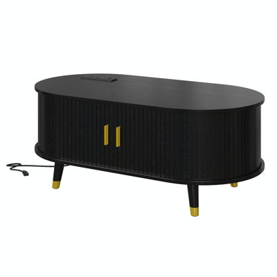 42.5"W Wooden Oval Fluted Coffee Table with Charging Station, Mid-Century Center Table with Sliding Tambour Door,Farmhouse Cocktail Table with Solid Wood Legs for Living Room