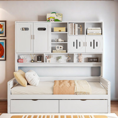 All-in-one Wooden Daybed With 2 Drawers, Cabinets And Shelves
