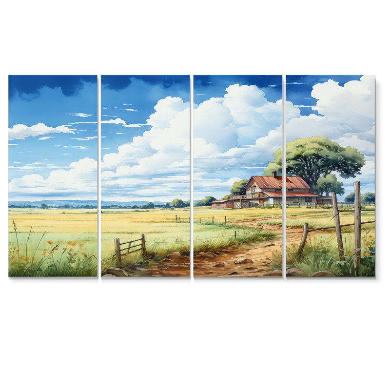 Herbe verte à côté de la maison de campagne - ensemble d'art mural paysage 4 pièces, H 32 po x l 64 po