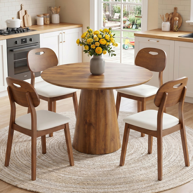 5-Piece Mid-Century Dining Set With 45" Round Pedestal Table And 4 Solid Wood White Faux Leather Chairs, White