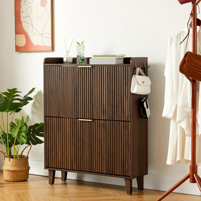 31.5" Flip-Down Shoe Cabinet MDF Wave Fluted Storage with 2 Flip Drawers, Side Hooks & Top Guardrail, Dark Walnut
