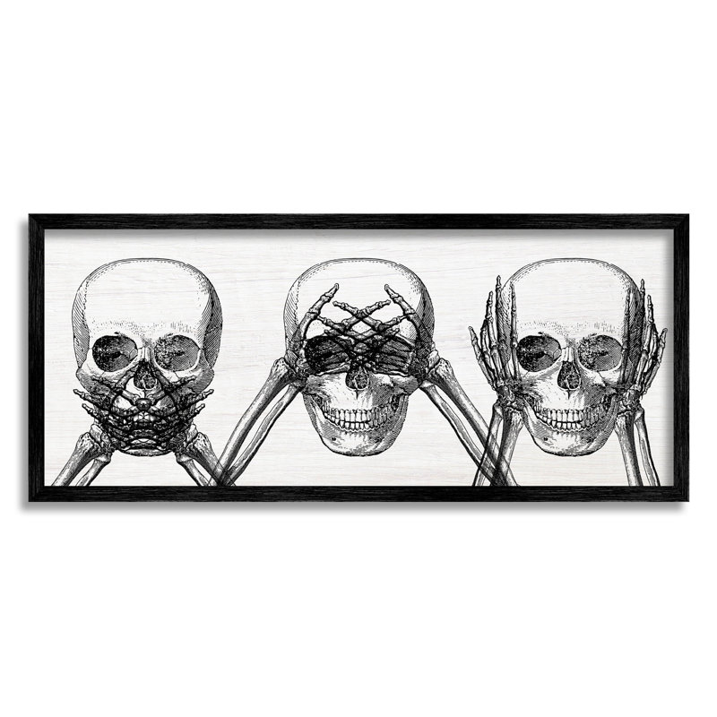 «Speak See Hear No Evil Skulls» par Lil 'Rue - Impression sur toile, Giclée encadrée noir minuit