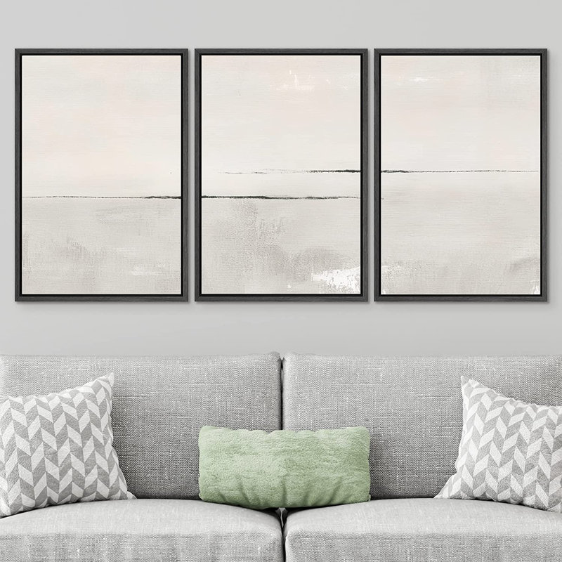 Modern Large Duotone Pastel Minimalist Landscape Subtle Wall Art Framed Canvas 3 Pieces Print, 36" H x 72" W, Black