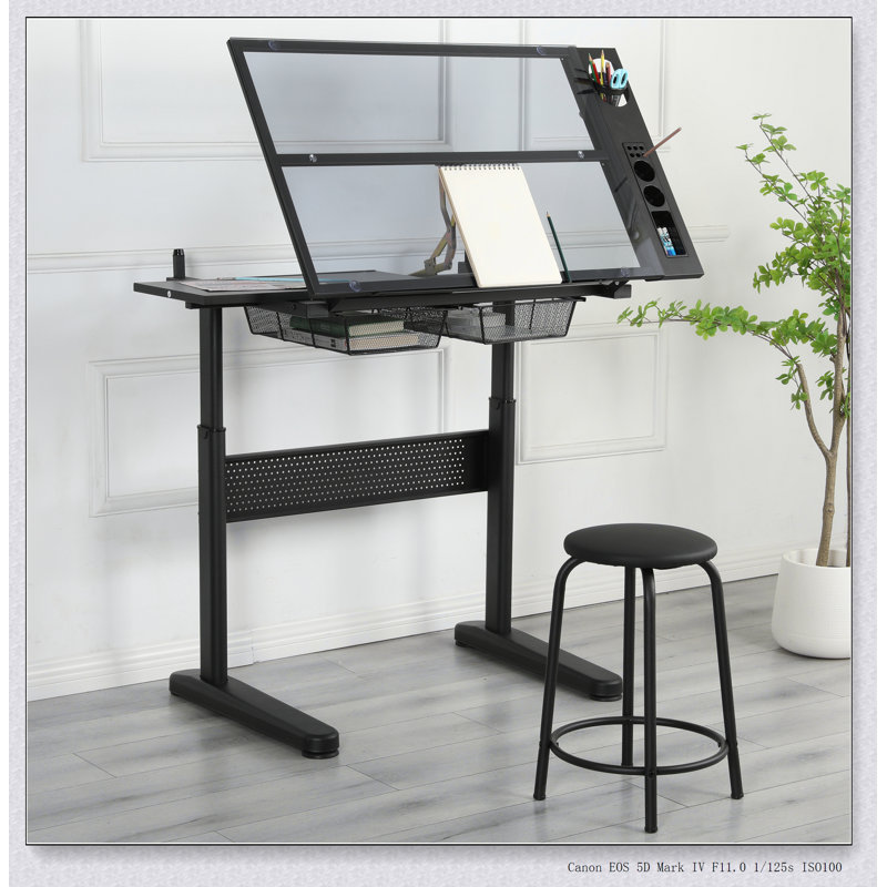 hand crank adjustable drafting table drawing desk with 2 metal drawers WITH STOOL