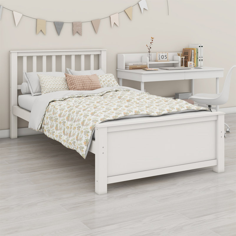 Lit plateforme en bois avec tête de lit, pied de lit et lattes en bois, Blanc