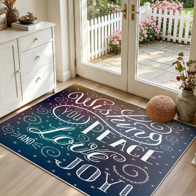Tapis d'intérieur bleu lavable à la machine, avec inscription de Noël « You Peace Love ».