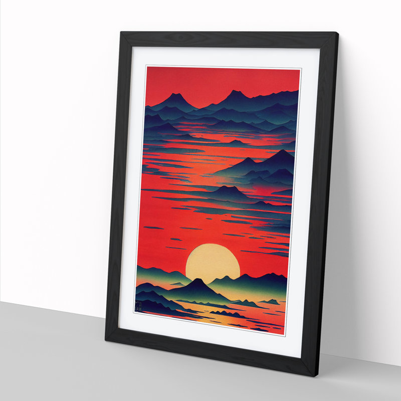 Watercolour Japanese Sunset Framed Print, 46cm H x 34cm W x 2cm D, Oak