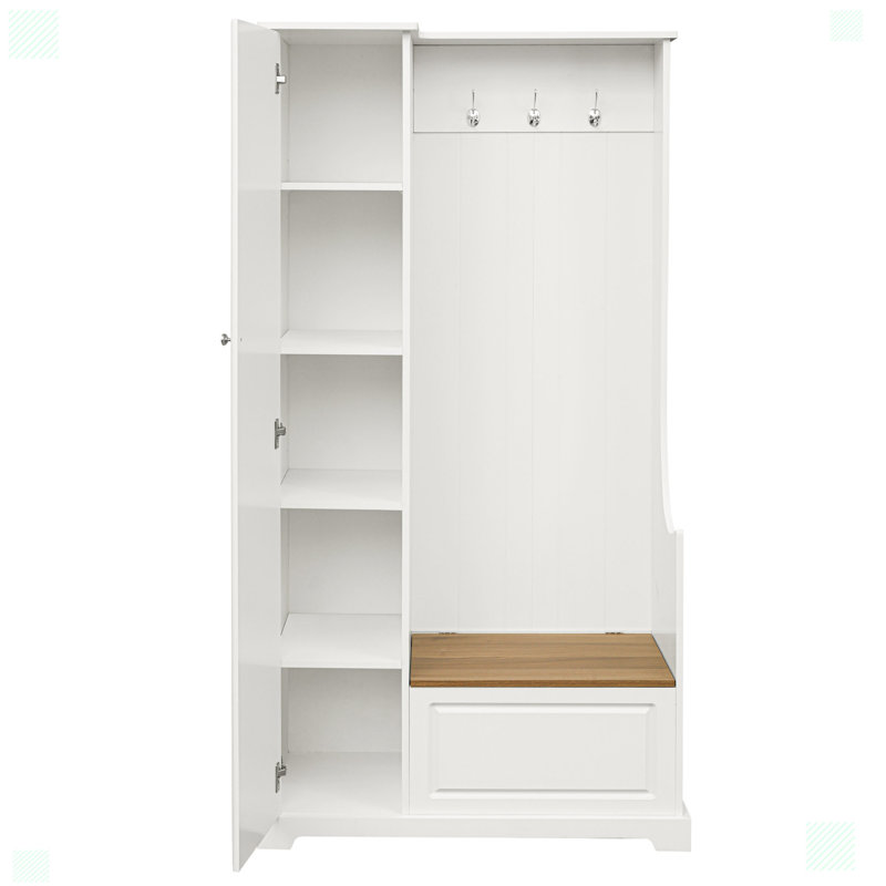 Stylish Design Hall Tree with Flip-Up Bench and Hanging Hooks for Entryways Mudroom, White