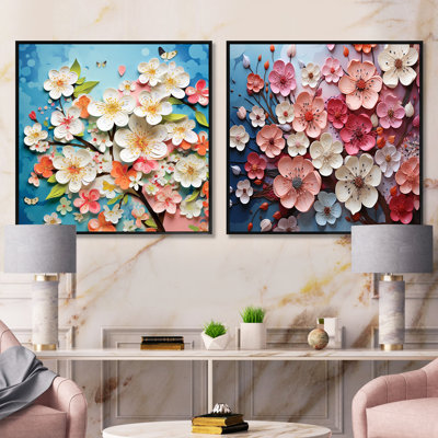 Collage de fleurs de pommier rose IV - ensemble de 2 collages floraux carrés