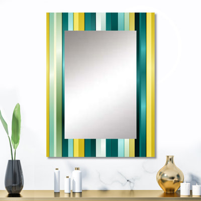 Vert et jaune rayures harmonieuses - grand miroir mural rayé, rayé, miroir unique abstrait, impression d'art en métal