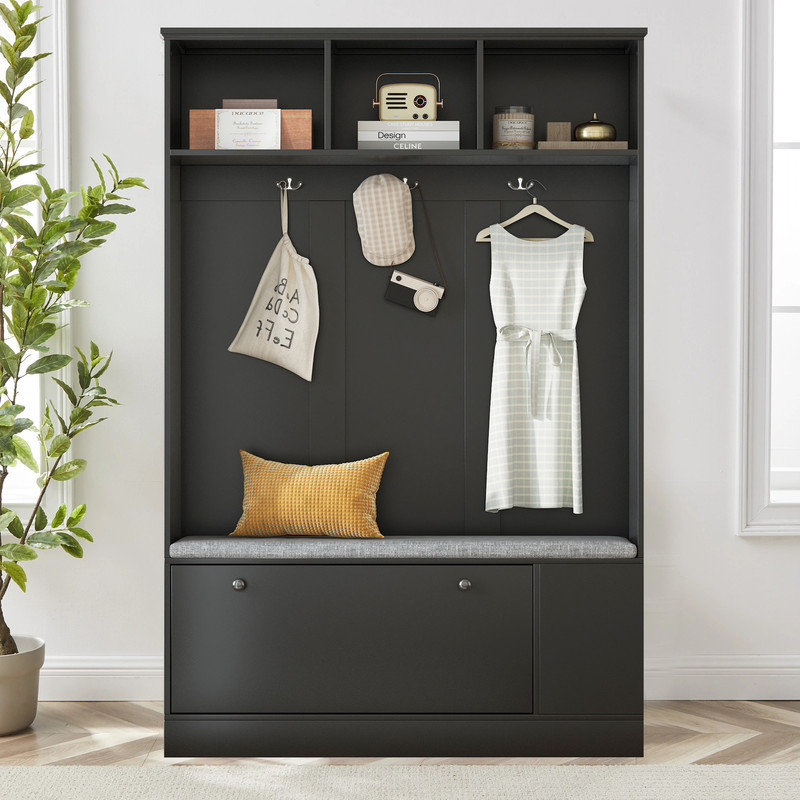 Portemanteau avec banc et rangement pour chaussures Rentaro, Noir