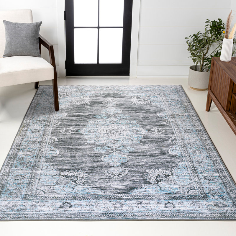 Tapis gris foncé / bleu Elloise Bohemian, Rectangle 7 pi 10 po x 10 pi