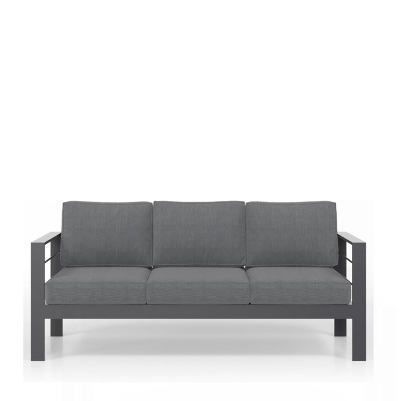 73" All-Weather Aluminum Patio Sofa, 3 Seat Outdoor Couch With  Thick Dark Gray Cushions & Gray Frame, Dark Gray, Gray