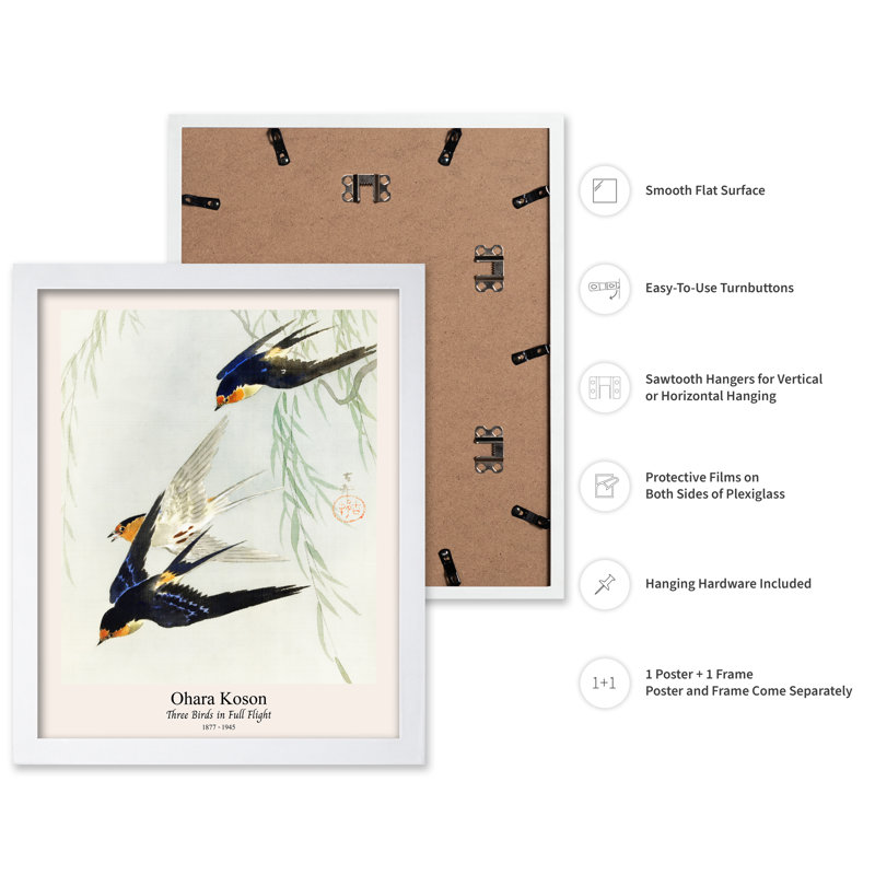 Ohara Koson - Trois oiseaux, 18"H x 24"W, Poster, White Framed