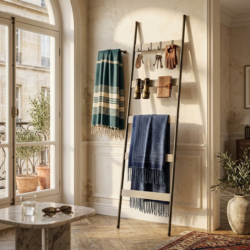 5-Tier Leaning Towel & Blanket Ladder with Rustic Wood Accents