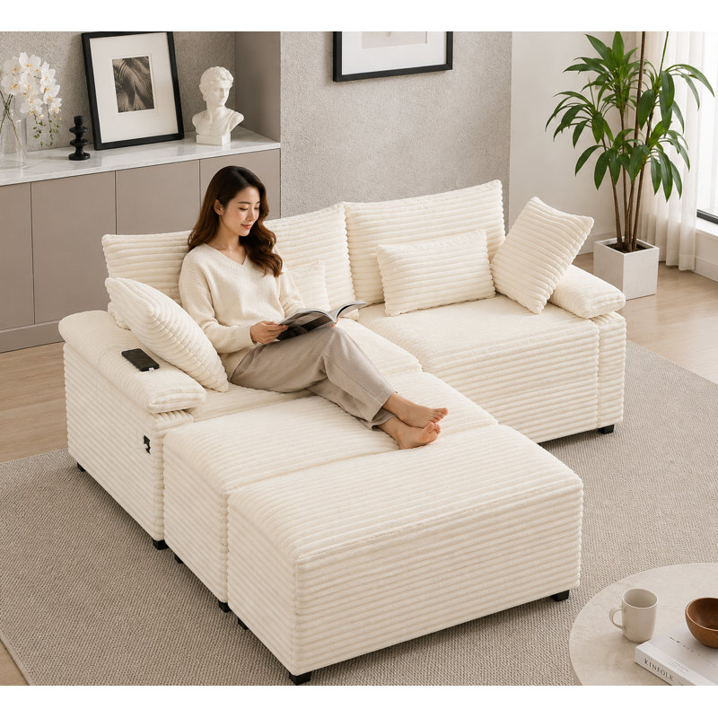 Canapé multifonctionnel à 3 places en velours côtelé avec 2 poufs de rangement réversibles, Beige