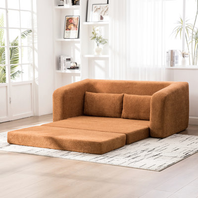 Canapé d'appoint pliable 2 pièces couleur orange, structure en chenille effet goutte de pluie, usage multifonctionnel, base imperméable, idéal pour une chambre d'amis. Coussins décoratifs inclus.