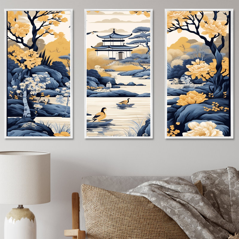 «Blue and Yellow China Blooming Landscape II», art mural Chine, Cadre flottant blanc, H 32 po x l 48 po x P 1 po