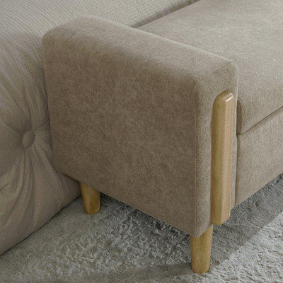 Banc de rangement moderne capitonné de 167 cm de large avec double couvercle, repose-pieds en tissu chenille avec accoudoirs, banquette-lit avec pieds en hévéa pour salon, entrée, dortoir, chambre, gris beige