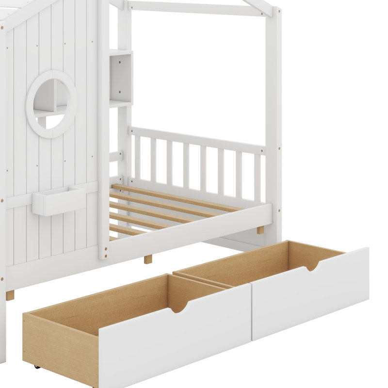 Lit maison avec tiroirs, tablette de rangement, Blanc