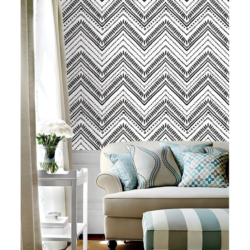 Papier peint texturé noir et blanc avec motif géométrique auto-adhésif Boho 17,3 po x 32,8 pi