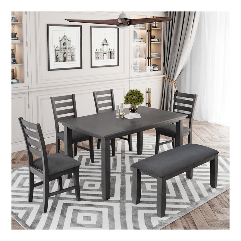 Dining Room Table and Chairs with Bench, Rustic Wood Dining Set, Set of 6 (Grey)