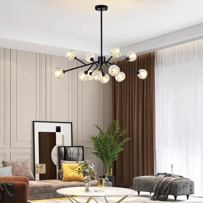 Sputnik Chandeliers for Dining Room Light Fixture Over Table, Modern Crystal Chandeliers, 12 Lights Black Lighting Fixtures for Living Room Bedroom Kitchen Island Bar