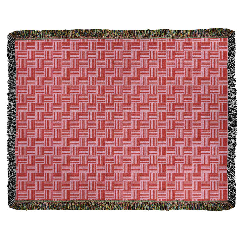 Hand Woven Throw Blanket, 37" W x 52" L, Square Geometric, Pink/Red