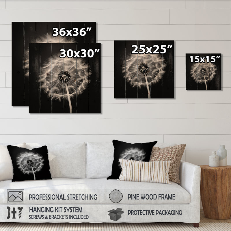 Black And White Dandelion Minimal - Dandelion Wood Wall Art On Natural Pine Wood, 25" H x 25" W