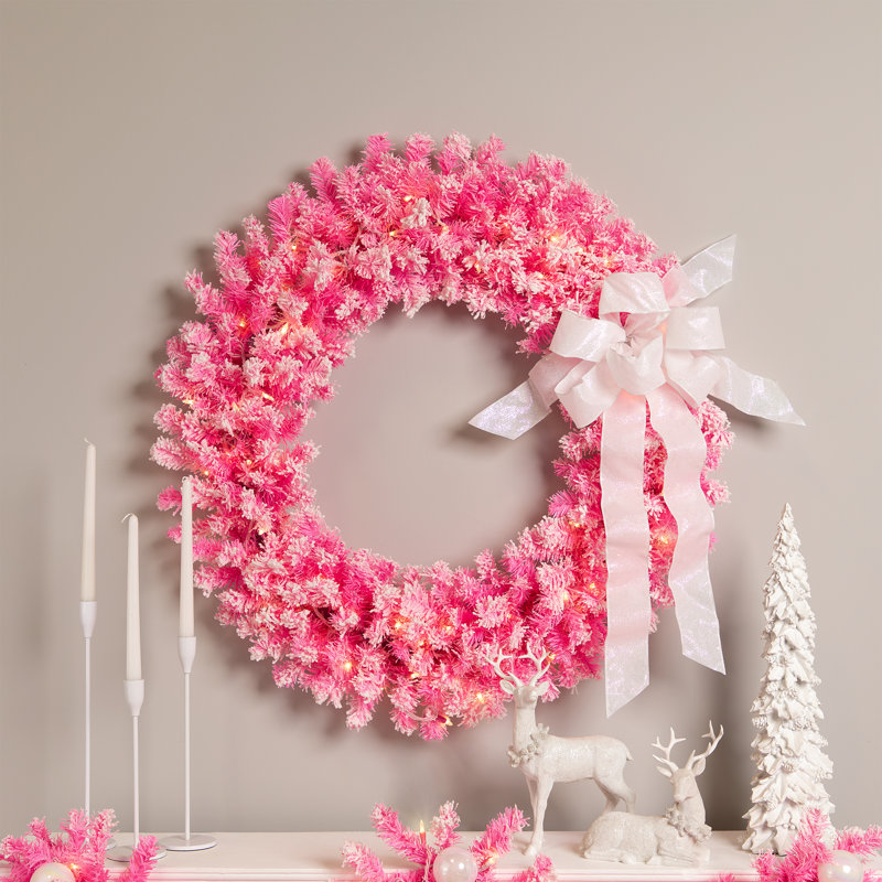Pre-Lit Flocked Pine Artificial Christmas Wreath - Clear Lights, 36" H x 36" W x 6" D, Pink