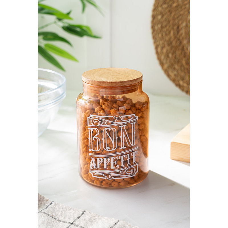 Élégant pot de rangement 100% verre avec couvercle en bois, 4,0 x 4,0 x 5,9 pouces | Capacité de 30,1 oz liq. Élégant et fonctionnel pour la cuisine ou la maison | Ne va pas au lave-vaisselle ni au micro-ondes, parfait pour l'organisation