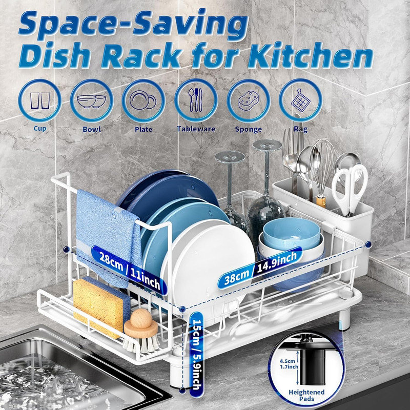 2-Tier Space-Saving Dish Drying Rack with Drainboard - Kitchen Counter Organizer with Utensil Holder, Cups Rack & Adjustable Swivel Spout