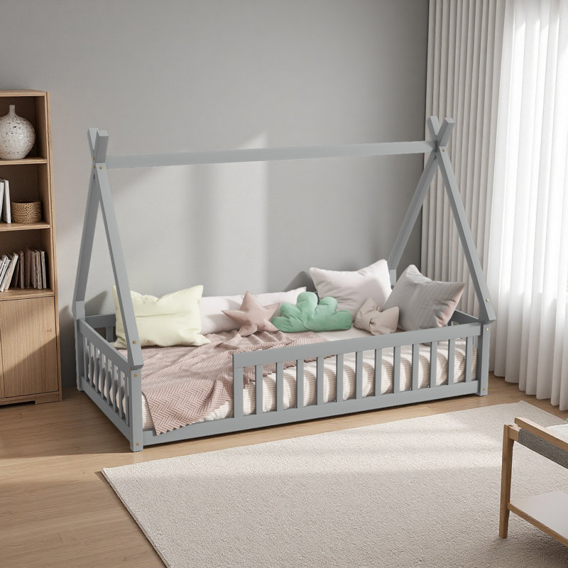 Tent-Shaped Floor Bed,Teepee Bed With Guardrails,Slats, Gray, Twin