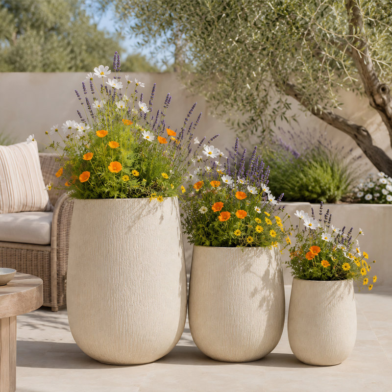 Ensemble de 3 pots à fleurs en forme d'œuf MGO, pots de fleurs d'aspect pierre avec trou de drainage pour patio et jardin