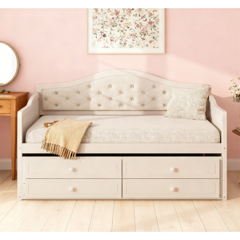 Lit de jour avec 2 tiroirs de rangement et lit gigogne, Beige
