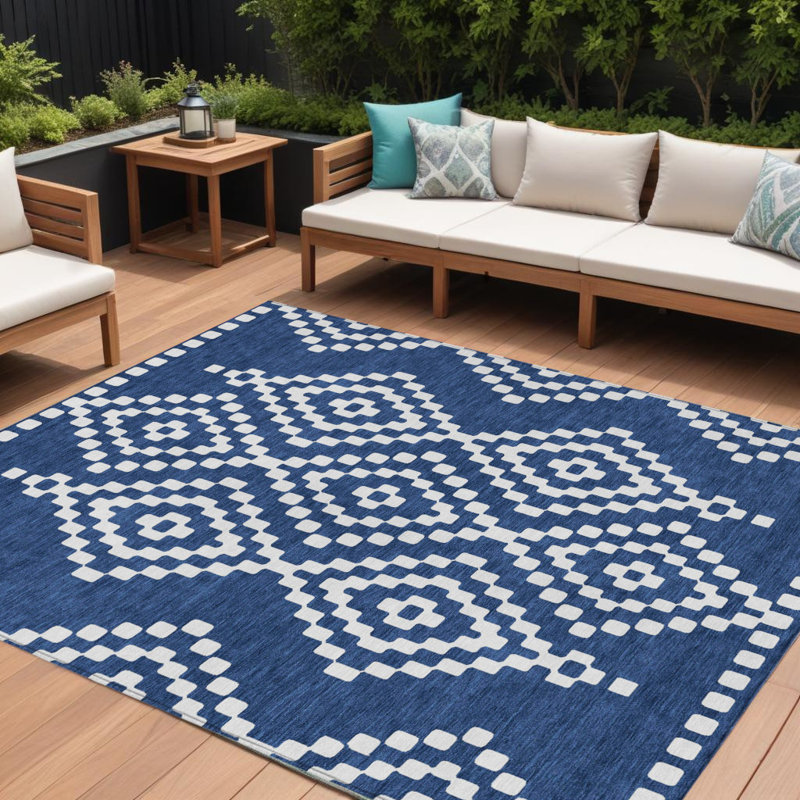 Tapis intérieur / extérieur géométrique lavable 9 pi x 12 pi bleu marine et ivoire