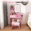 Miroir de coiffeuse 3 couleurs à DEL avec tabouret, coiffeuse rose pour la chambre à coucher, 2 tiroirs et 5 armoires de rangement (4 ouvertes + 1 cachée), éclairage réglable-1360509712