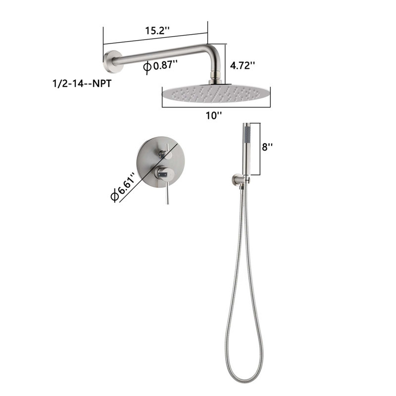 10" Brushed Nickle Roud Rain Shower head and Handheld Shower Head Set, Silver