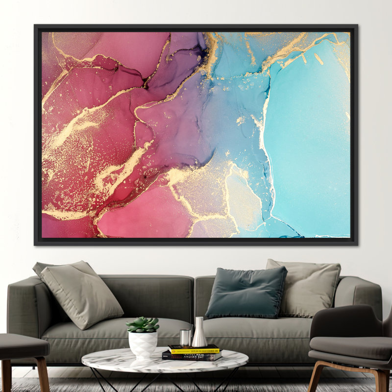 Abstract Modern Canvas Artwork with Marble Texture and Accents, 37" H x 61" W, Framed Print without Mat, Black