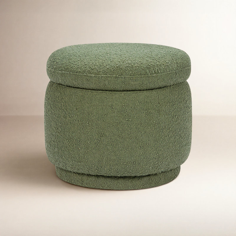 Enoki 21" Wide Round Storage Ottoman with Storage, Olive Boucle