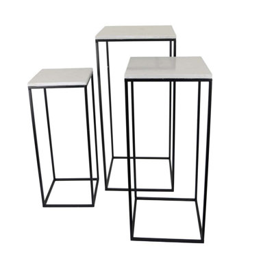 Ensemble de 3 tables à plantes en métal noir, plateau carré en marbre blanc