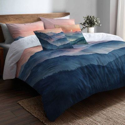 Great Smoky Sunset Layers 5 Pcs Bedding Set - Sunset Mountain Duvet With Shams And Throw Pillows