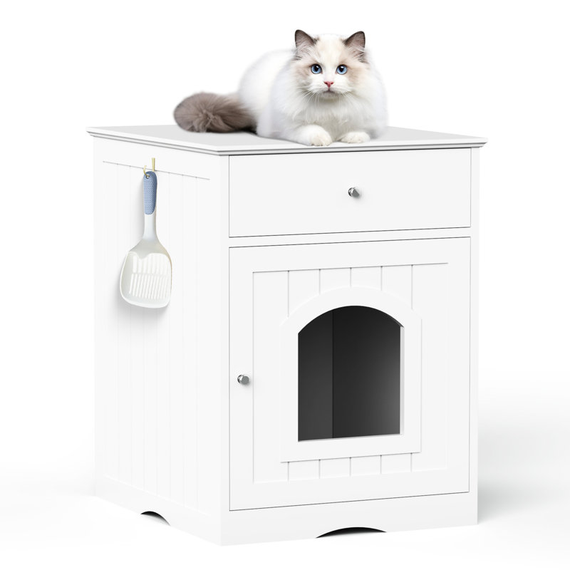Enceinte de litière blanche en bois pour chat avec table d'appoint et tiroir