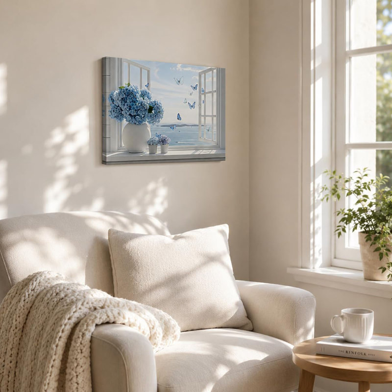Coastal Bathroom Canvas Wall Art Blue Hydrangea Floral Vase Butterfly Open Window Beach Seascape Wall Decor Poster Print Artwork for Living Room Bedroom Bathroom Home Decor