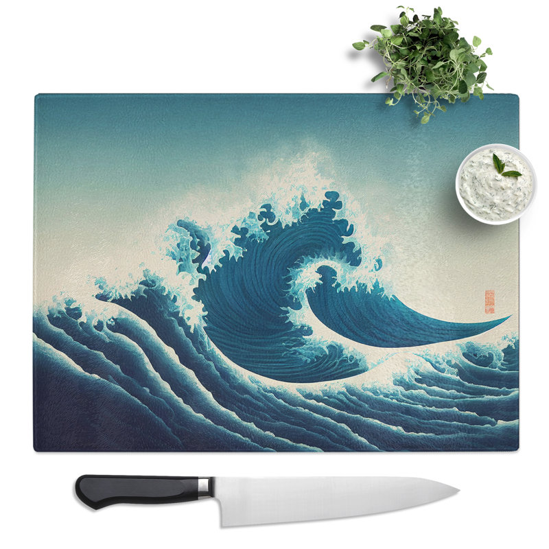 Graceful Japanese Wave  Glass Chopping Board