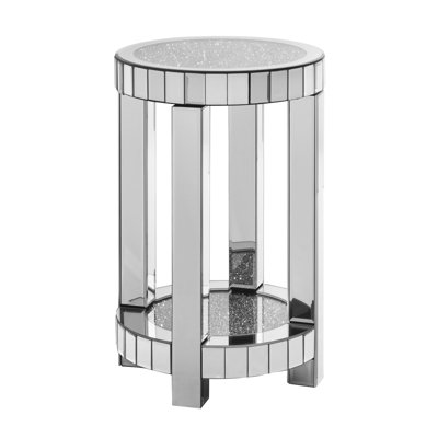 Table ronde à miroir avec incrustation de cristal, petit canapé moderne à 2 couches avec espace de rangement, table décorative argentée convenant au salon, à la chambre à coucher, au café et aux petits espaces