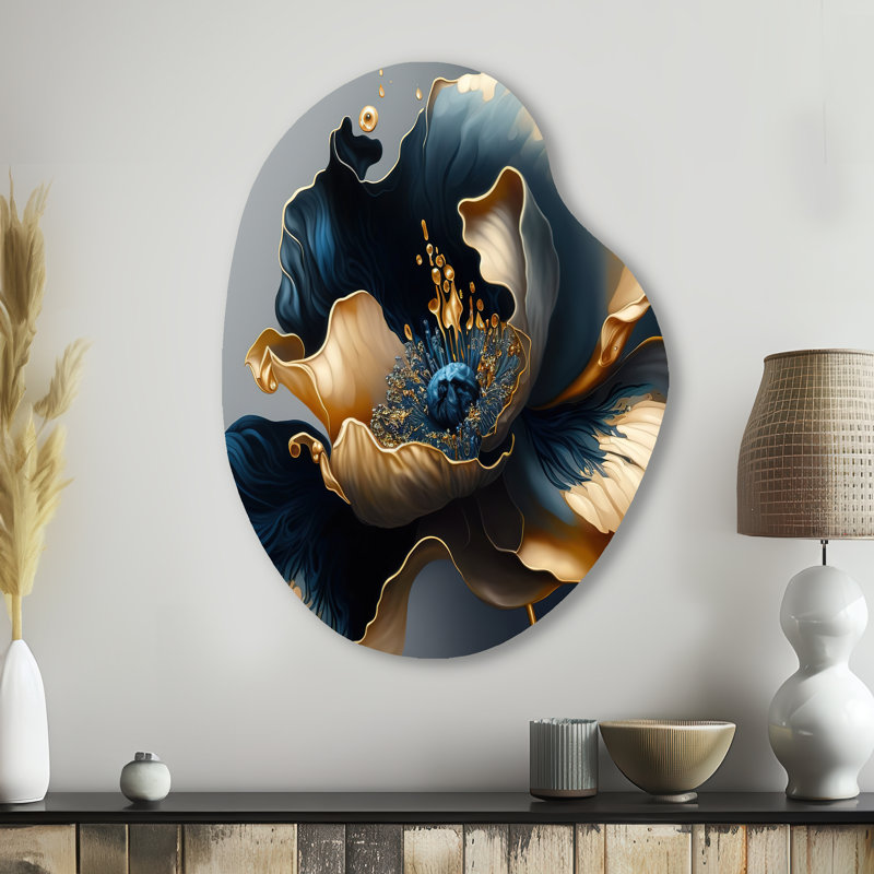 Décoration murale irrégulière en forme de poire florale bleu foncé et or II, H 38 po x l 28 po x P 1 po