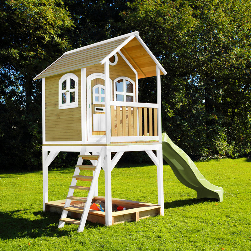 Sarah AXI 370cm W x 191cm D Outdoor Hemlock Wood Luxury Playhouse, Natural/White/Lime Green