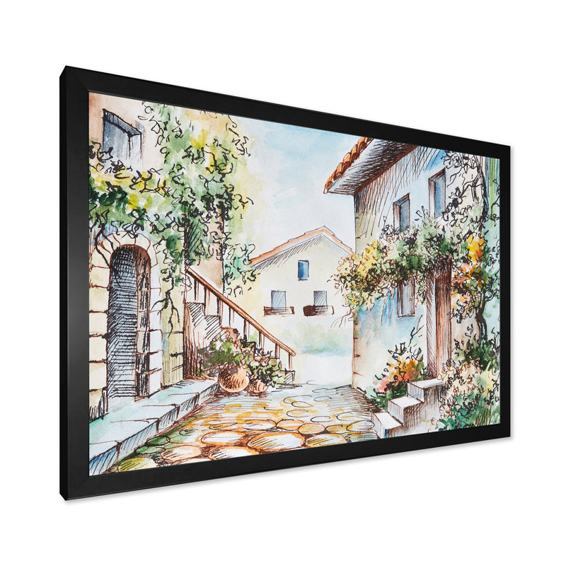 «Sunny Day at the City Cozy Street», peinture sur toile, Cadre photo noir, H 16 po x l 32 po x p 1 po